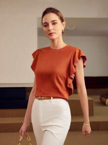 MOTF PREMIUM Chất rắn Lỗ tay Ruffle Dây kéo phía sau Áo sơ mi - trái cam - Xem 9