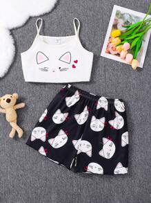 Tween Girl 春季新品可爱小猫印花短裤和吊带背心两件套家居服 - 黑與白 - 查看 1