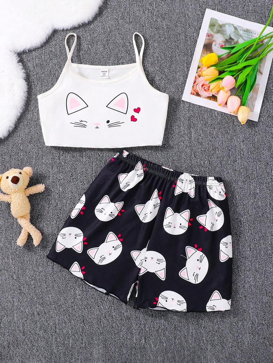 Tween Girl 春季新品可爱小猫印花短裤和吊带背心两件套家居服 - 黑與白 - 查看 1