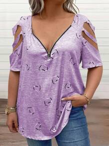 SHEIN LUNE 大尺碼女款愛心印花肩部割裂t恤 - 紫色 - 查看 5