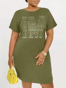 Maweii 大尺碼女士字母印花t恤連衣裙 - 軍綠色 - 查看 1