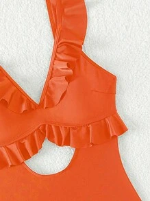 SHEIN Swim 女性時尚夏季沙灘中空設計度假風格連身泳衣，饅頭邊襯托 - 橘色 - 查看 4