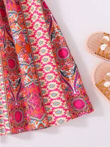 Vintage Pattern Tween Girl Hollow Out Waist Sleeveless Dress For Summer Vacation - Red - View 5