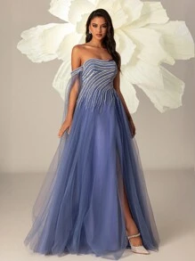 Lila hochgegürtetes, elegantes Mesh-Abendkleid für Frauen, Formale Abschlussball-Hochzeitsgast-Kleider, für Abschluss, Abendessen