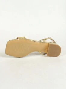女士时尚平底凉鞋，方头金属绑带镂空露趾/坡跟后拉链/罗马拖鞋，舒适百搭防滑，春夏穿搭 - 金色 - 查看 8
