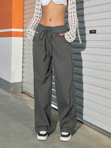 Solid Slant Pocket Drawstring Waist Wide Leg Cargo Trousers - Dark Grey - View 4