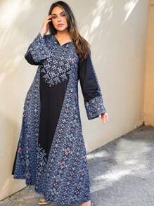 Al Najma 大尺碼女士幾何印花開口V領長袖寬鬆阿拉伯服裝 - 彩色 - 查看 3