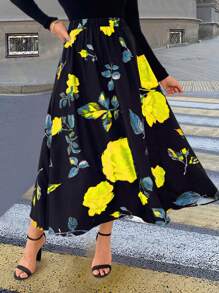 SHEIN Unity 大尺碼女款花朵印花半身裙 - 黃色 - 查看 4