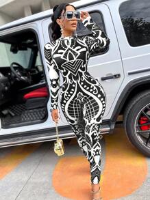 BamGleam Women Printed Unitards Jumpsuit (Positioning Printing) For Summer - Black and White - View 1