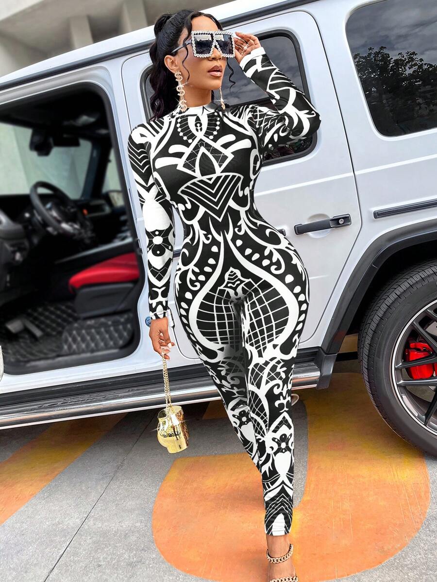 BamGleam Women Printed Unitards Jumpsuit (Positioning Printing) For Summer - Black and White - View 1