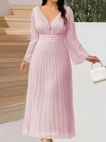 SHEIN Belle Plus Size Solid Color Ruffle Bell Sleeve Pleated Dress - Pink - View 1