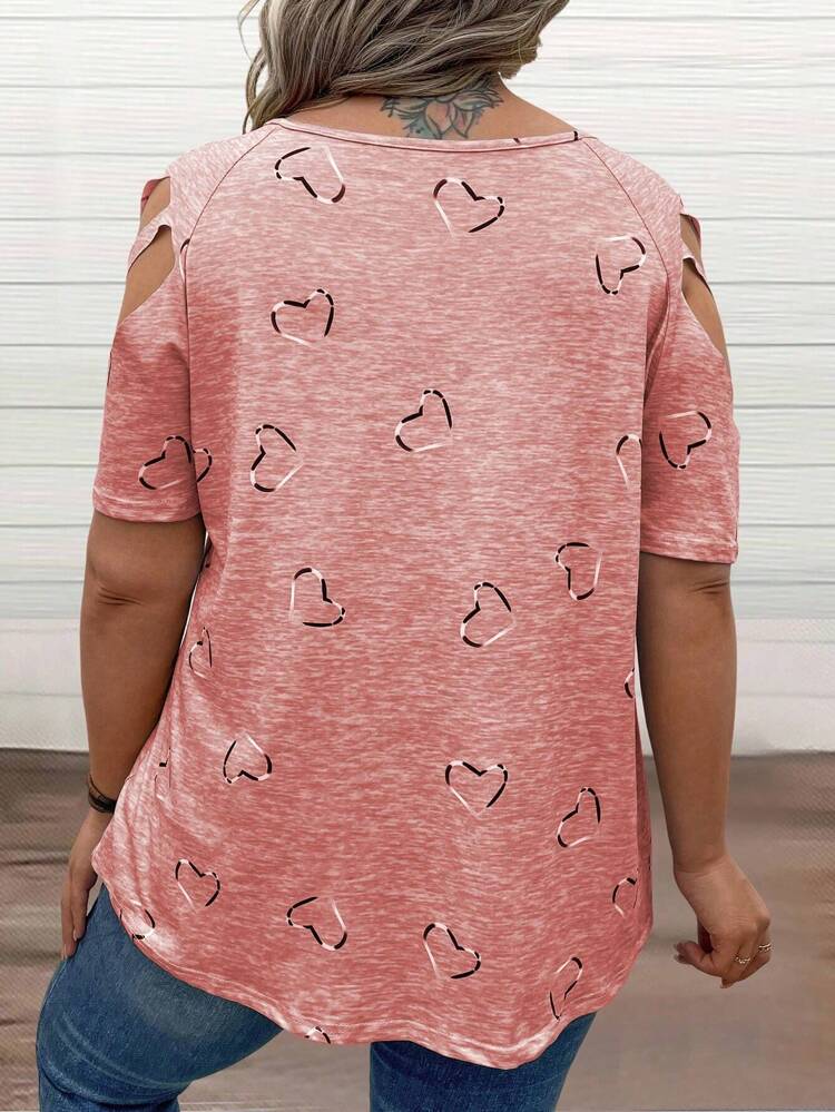 Plus Size Women's Off-Shoulder T-Shirt With Heart Pattern