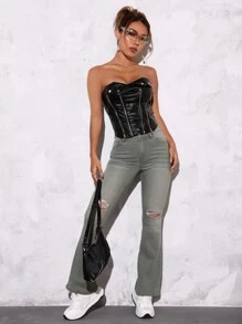 Hauture PU Leather Zip Detail Fashion Tube Top - Black - View 6