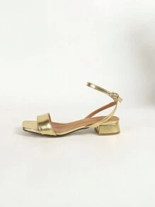 女士时尚平底凉鞋，方头金属绑带镂空露趾/坡跟后拉链/罗马拖鞋，舒适百搭防滑，春夏穿搭 - 金色 - 查看 7