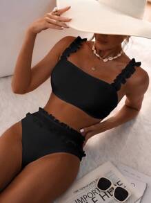 SHEIN Swim Ladies Solid Color Ruffle Trim Fashion Bra Top And Printed Swimwear Bikini Bottom Set, Summer Beach - Black - View 1