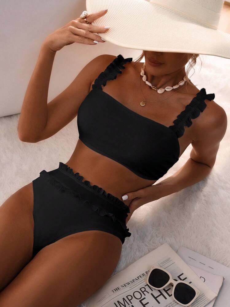 SHEIN Swim Ladies Solid Color Ruffle Trim Fashion Bra Top And Printed Swimwear Bikini Bottom Set, Summer Beach