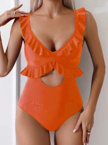 SHEIN Swim 女性時尚夏季沙灘中空設計度假風格連身泳衣，饅頭邊襯托 - 橘色 - 查看 5