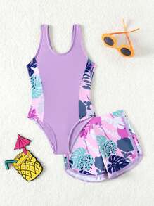 Baby Girl Contrast Tropical Leaf Print One-Piece Swimsuit & Shorts Swimwear Bathing Suit Summer  Getaway,Holiday,Travel,Relax,Summer,Holiday - Multicolor - View 1