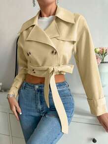 Chiquease Double Breasted Drop Shoulder Crop Trench Coat - Khaki - View 3
