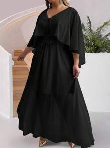 SHEIN Unity Vestido de talla grande unicolor con dobladillo con volantes para uso diario informal - Negro - Ver 5