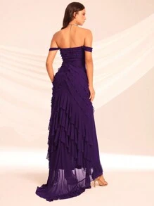 Mesh Ruffle Trim Off Shoulder Ruched Split Thigh Sheer Unlined Cloth Formal Dress,Back To School Party Dress,Homecoming Dress - Purple - View 3