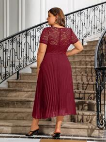 Allurite 加大码优雅短袖雪纺荷叶边蕾丝拼布仿珍珠装饰连衣裙，适合派对、圣诞节、新年、圣诞节勃艮第红长款女装婚礼 - 酒紅色 - 查看 2