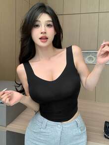 简约无缝宽肩带棉垫吊带背心，适合四季 - 黑色 - 查看 3