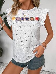 SHEIN LUNE Mùa hè giản dị Hollow-out Thêu Móc sự thêu Hoa Hem Áo thun - trắng - Xem 6