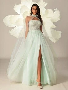 Ladies Elegant Choker Style Sheer Mesh Slit Hem Evening Gown