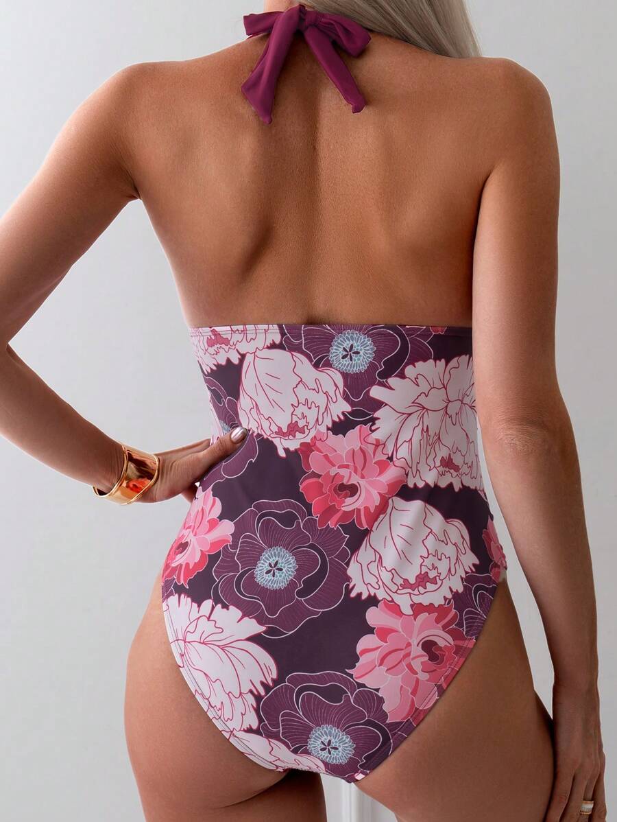 SHEIN Swim 夏季女式花卉印花露背连体泳衣，带拼布细节 - 彩色 - 查看 1