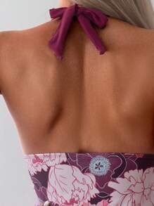 SHEIN Swim 夏季女式花卉印花露背连体泳衣，带拼布细节 - 彩色 - 查看 5