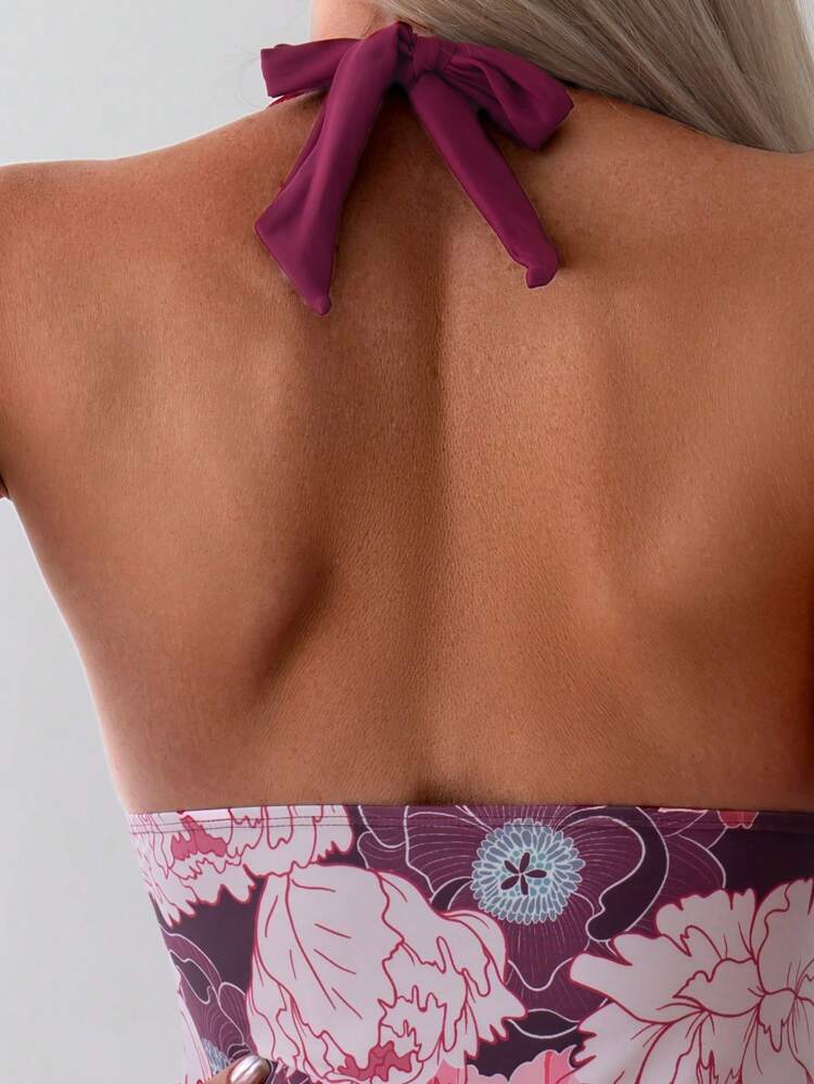 Summer Women's Floral Printed Halter Neck One Piece Swimsuit With Patchwork Detail