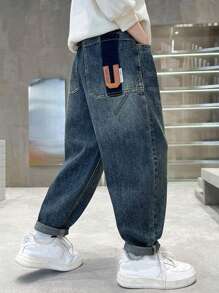 Tween Boys' Patched Slant Pocket Washed Tapered Jeans