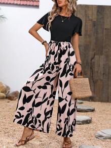 SHEIN Clasi Của phụ nữ Thực vật In Vòng cổ Ruffle Ngắn tay Áo liền quần - Nhiều màu - Xem 1