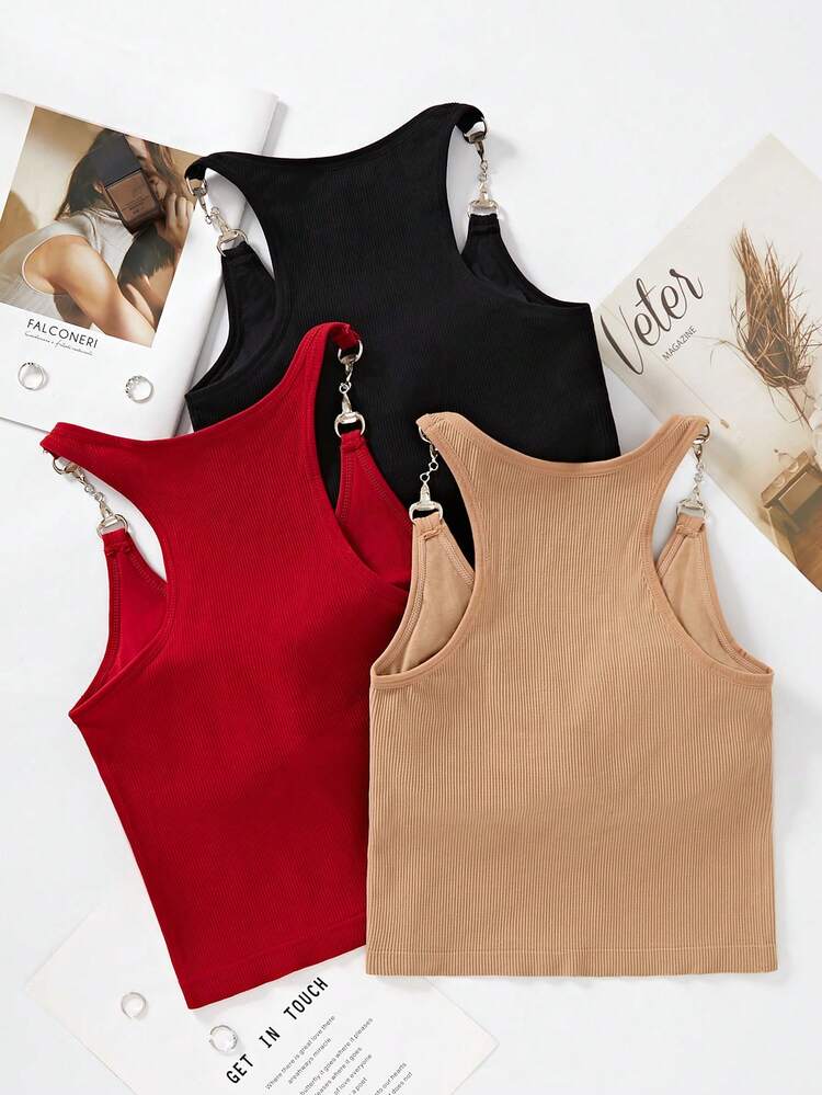 Teen Girl Vintage Chain Design Word Sleeveless Vest, Summer Fashionable Backless Tank Top For Layered Look