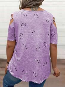 SHEIN LUNE 大尺碼女款愛心印花肩部割裂t恤 - 紫色 - 查看 2