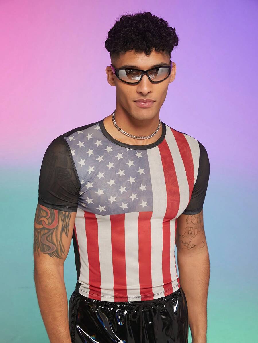 FeverCity Men Flag Print Round Neck Short Sleeve T-Shirt - Multicolor - View 1