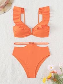 SHEIN Swim Summer Beach Solid Ruffle Trim Bikini Set Bathing Suit - Orange - View 2