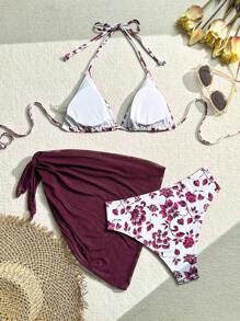 Swim Mod 3-Piece Women Separated Floral Print Bikini Set With Halter-Neck Top, Swim Bottom And Tie-Side Swim Skirt, Random Print, Summer Beach
