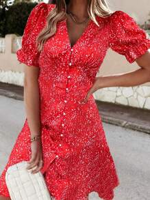 Breezaya 女性度假風格全印花短泡泡袖連衣裙,配有鈕扣裝飾