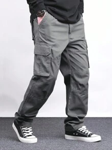 Manfinity Homme Pantalones rectos de trabajo de unicolor para hombres, pantalones cargo holgados - Gris Oscuro - Ver 4