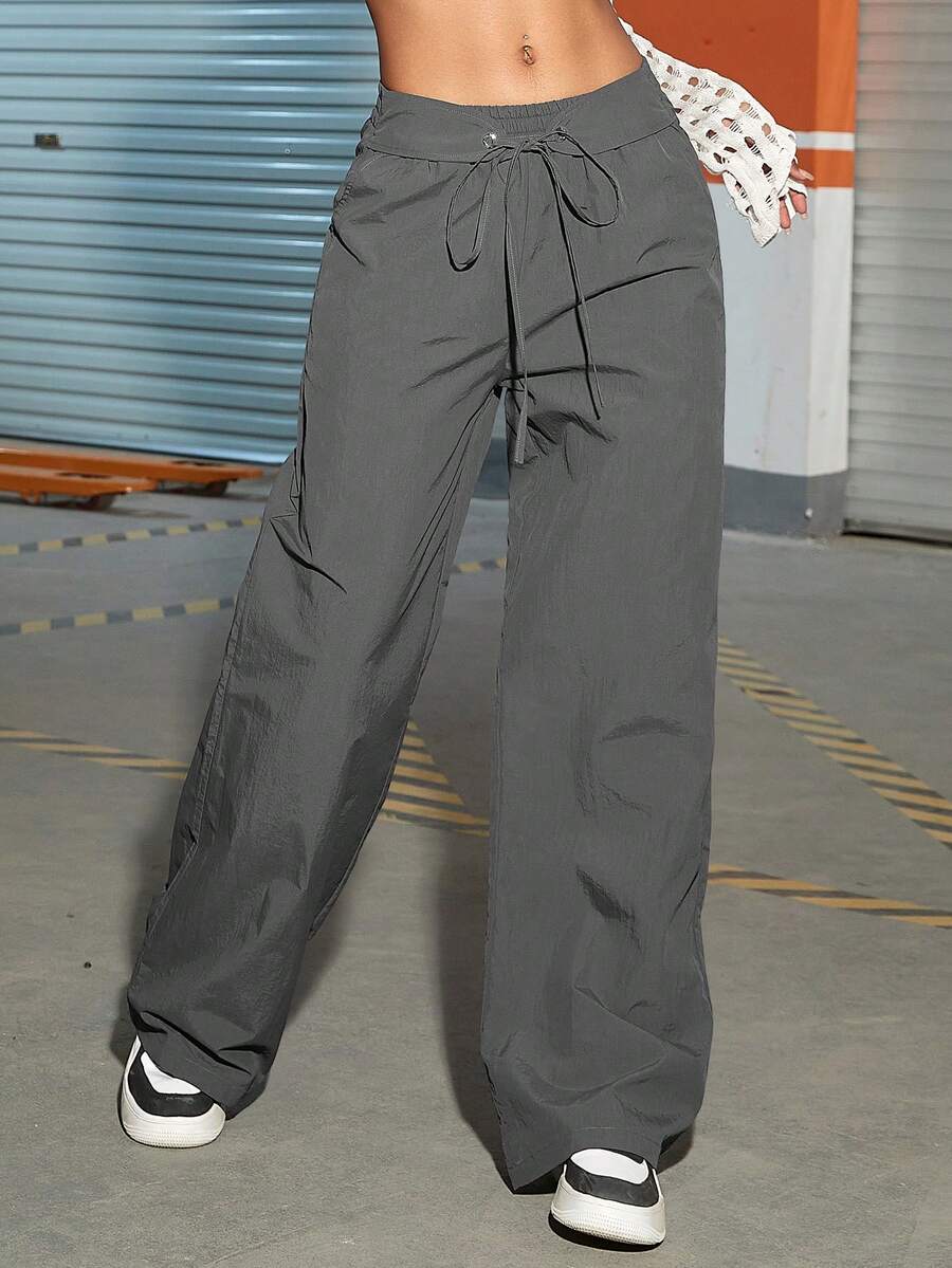 Solid Slant Pocket Drawstring Waist Wide Leg Cargo Trousers - Dark Grey - View 1