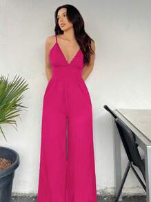 SHEIN VCAY Solid Wide Leg Cami Jumpsuit - Hot Pink - View 5