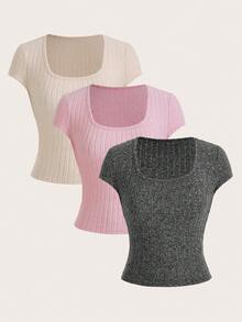 SHEIN EZwear 3pcs Sweet And Cute Square Neck Short Sleeve Rib-Knit Tee For Summer - Multicolor - View 12
