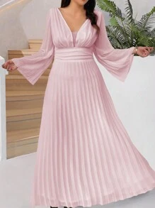 SHEIN Belle Plus Size Solid Color Ruffle Bell Sleeve Pleated Dress - Pink - View 3