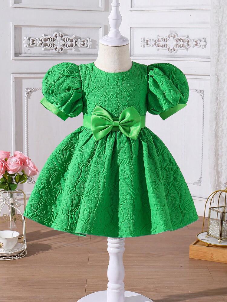 Sweet And Cute Puff Sleeve Fluffy Princess Dress For Girls, Gorgeous Faux Pearl Decoration, Baby Girl Shower Birthday Party Host Piano Performance Dress