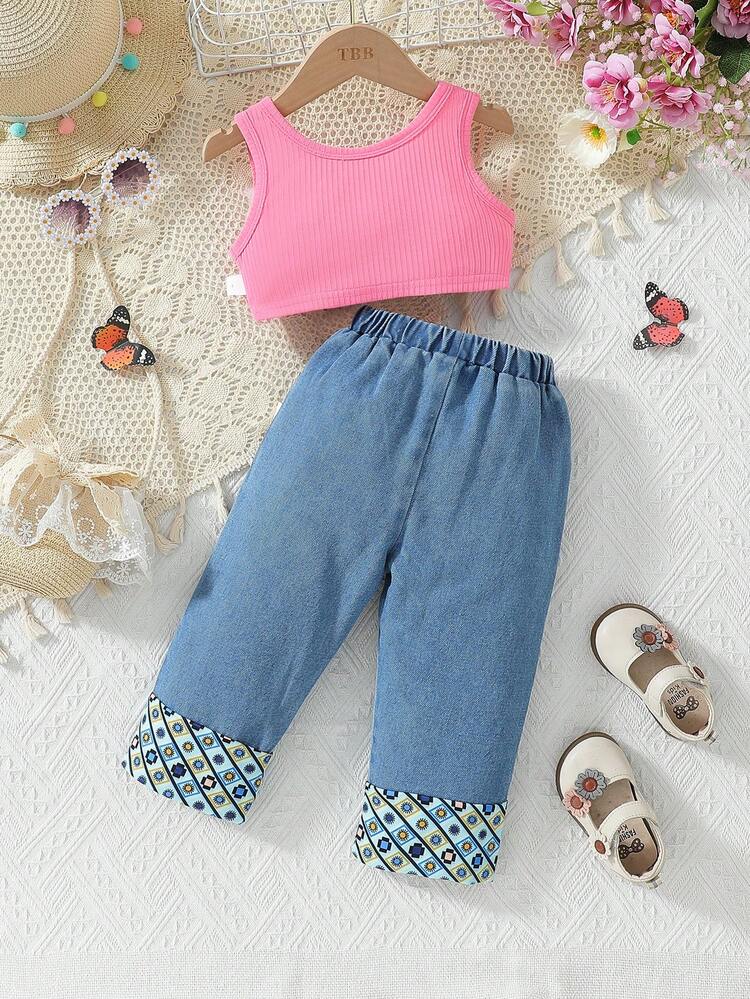 Baby Girl Summer Solid Ribbed Tank Top & Jeans Set