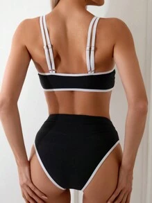 Swim Basics 女士夏季海灘對比色飾邊綁帶細節比基尼套裝，適用於度假 - 黑與白 - 查看 2