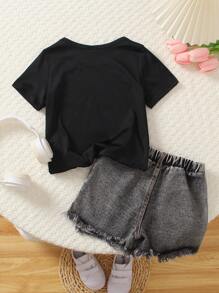 SHEIN Young Girl Summer Casual Short Sleeve T-Shirt With Graphic Print And Distressed Denim Shorts Outfit Set, School, Campus, College