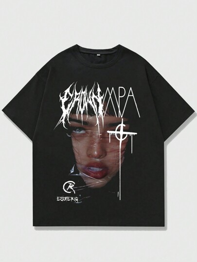 Street Life Men Summer Casual High Street Vintage Portrait Printed Short Sleeve Y2k T-Shirt, School, 2000s Style